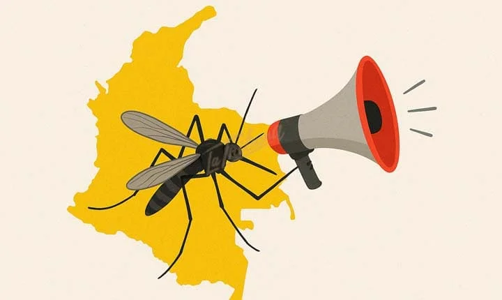 Ilustración de un mosquito con megáfono sobre el mapa de Colombia, simbolizando la declaración de emergencia sanitaria por fiebre amarilla. Imagen de La Tribuna.