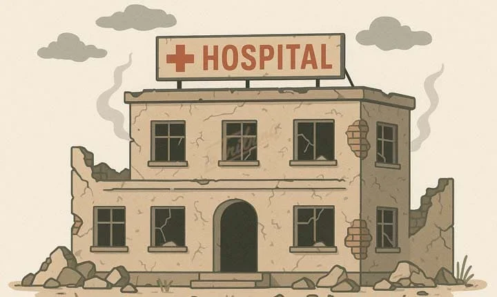 Ilustración de un hospital en ruinas, representando el deterioro del sistema de salud pública en Colombia en medio de la emergencia por fiebre amarilla. Imagen de La Tribuna.