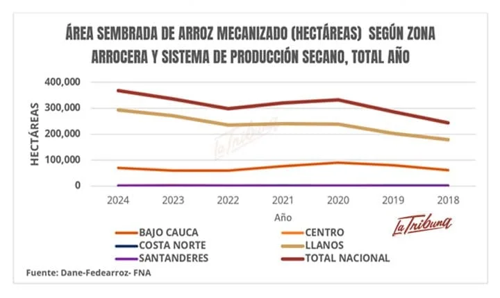 Gráfico de área sembrada de arroz mecanizado en sistema de secano por zonas arroceras en Colombia entre 2018 y 2024. Fuente: DANE-Fedearroz. Imagen de La Tribuna.