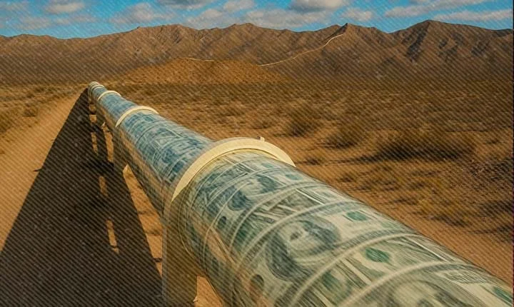 Dolarducto en el desierto: dólares fluyendo por un tubo hacia el exterior