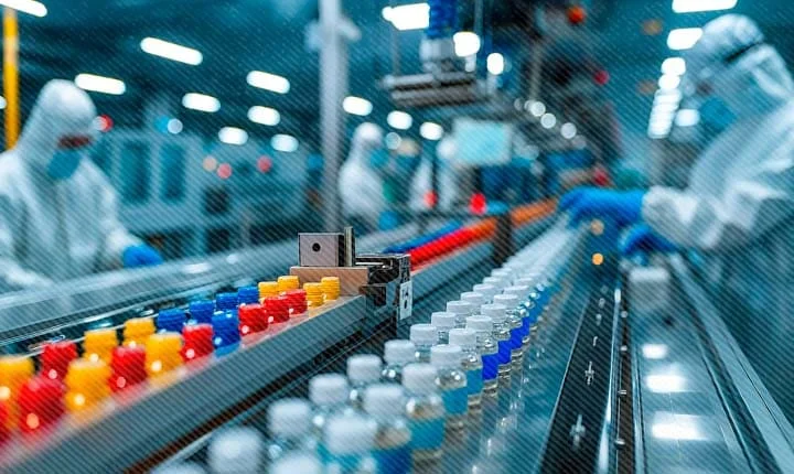 Operarios en planta farmacéutica con línea de frascos