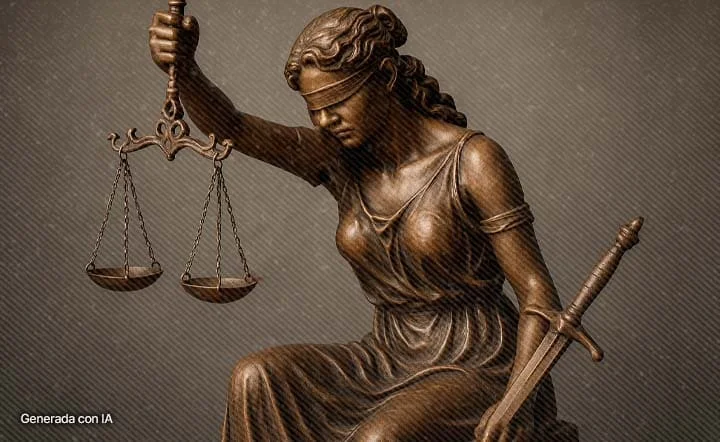 Escultura de la justicia con expresión de cansancio, símbolo de la sobrecarga judicial en Colombia