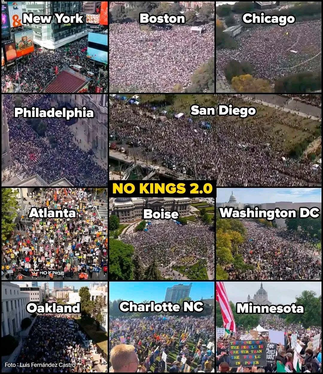 Vistas aéreas de marchas masivas en distintas ciudades de Estados Unidos durante el No Kings Day.