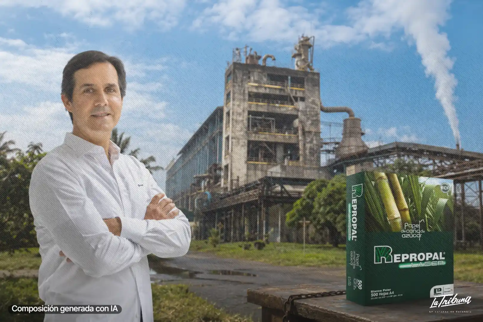 Pedro Felipe Carvajal frente a fábrica con producto de Propal