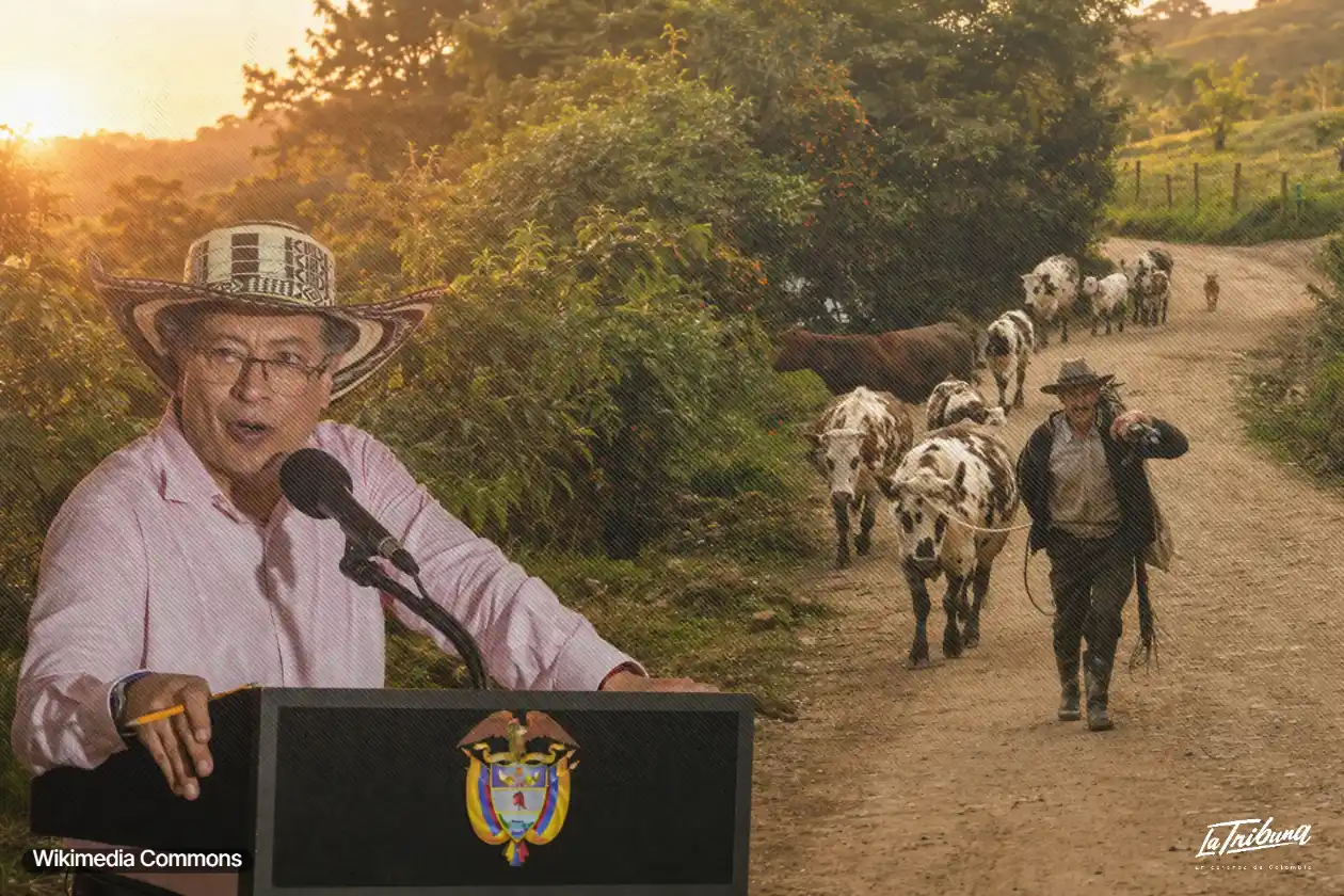 Petro ante micrófono con campesino y ganado en camino rural