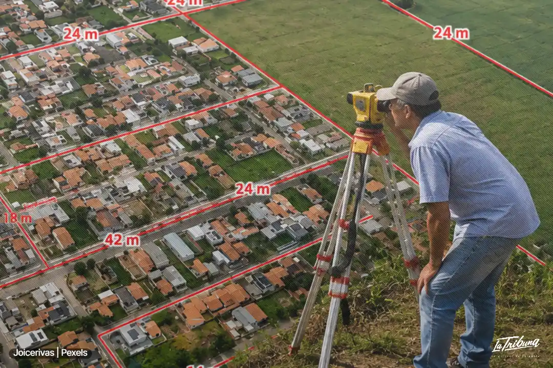 Topógrafo mide predios urbanos durante avalúo catastral