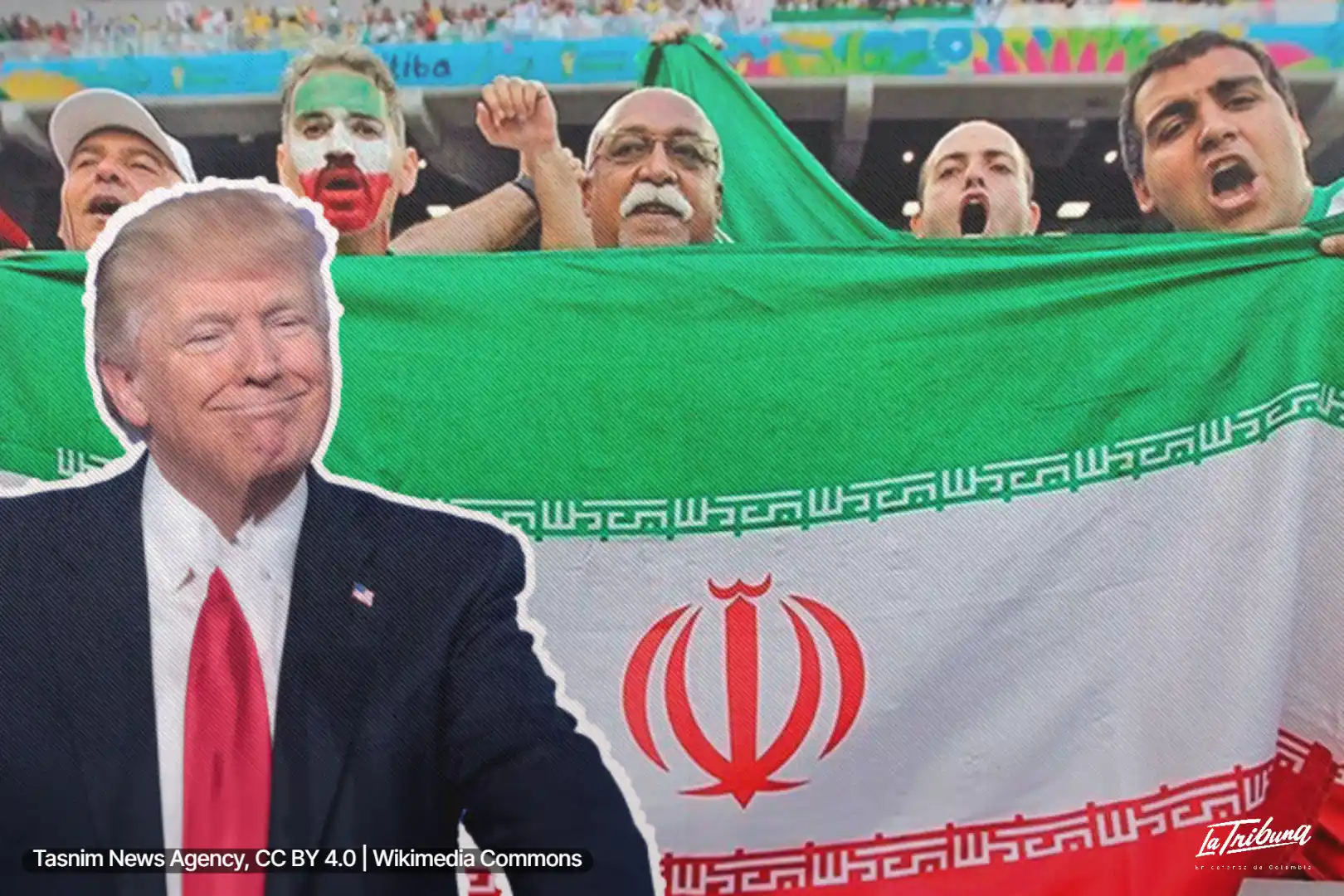 Trump recortado frente a bandera iraní en estadio