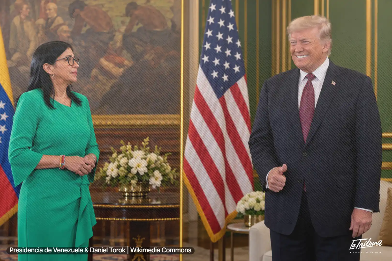 Delcy Rodríguez y Donald Trump aparecen separados junto a banderas nacionales