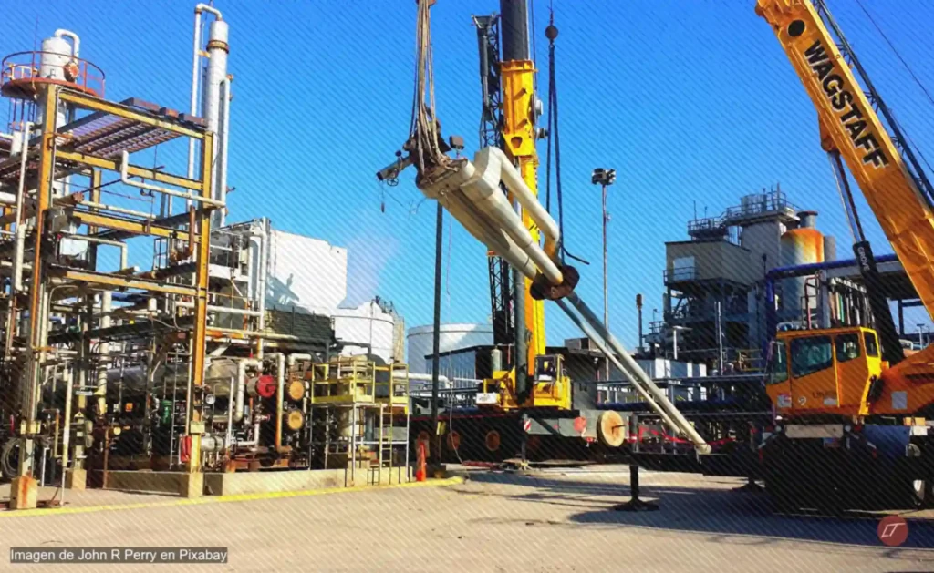 Grúa levanta tubería en una planta industrial de gas